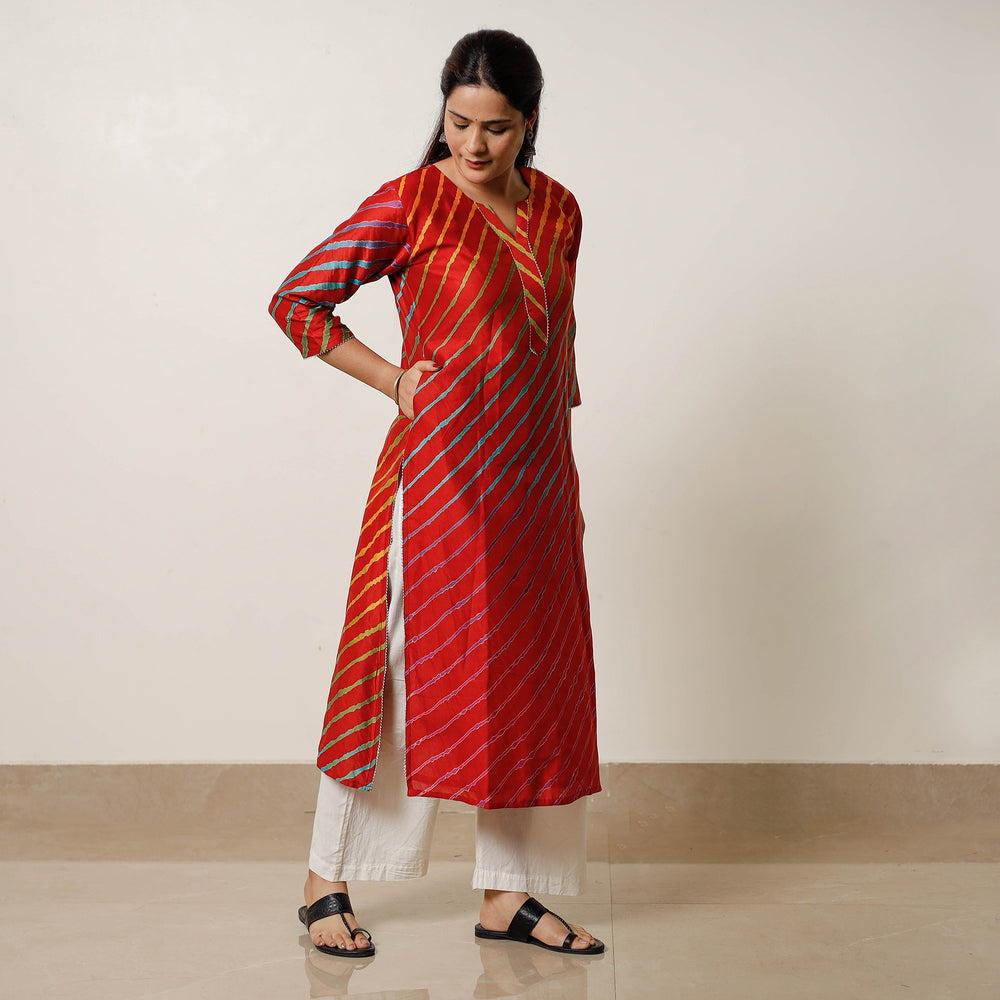 Red - Leheriya Tie-Dye Chanderi Silk Long Straight Kurta