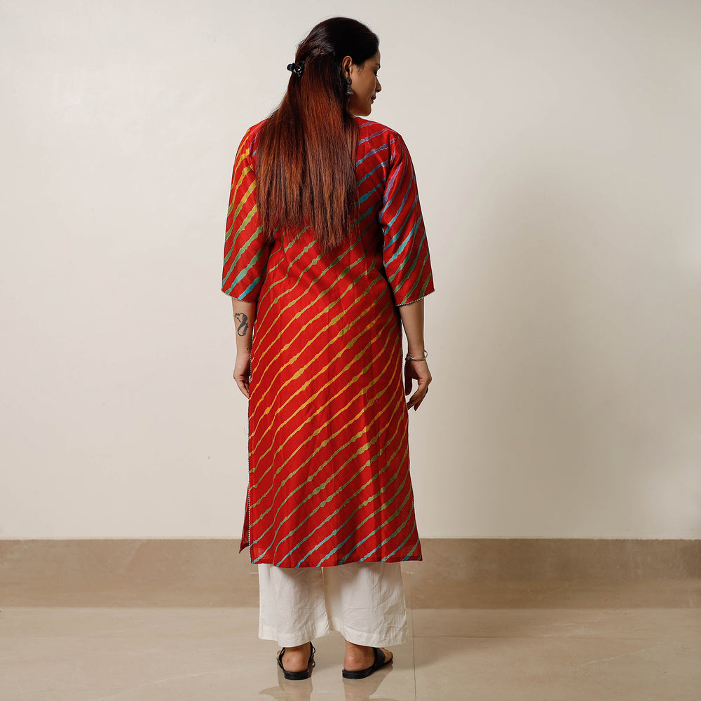 Red - Leheriya Tie-Dye Chanderi Silk Long Straight Kurta