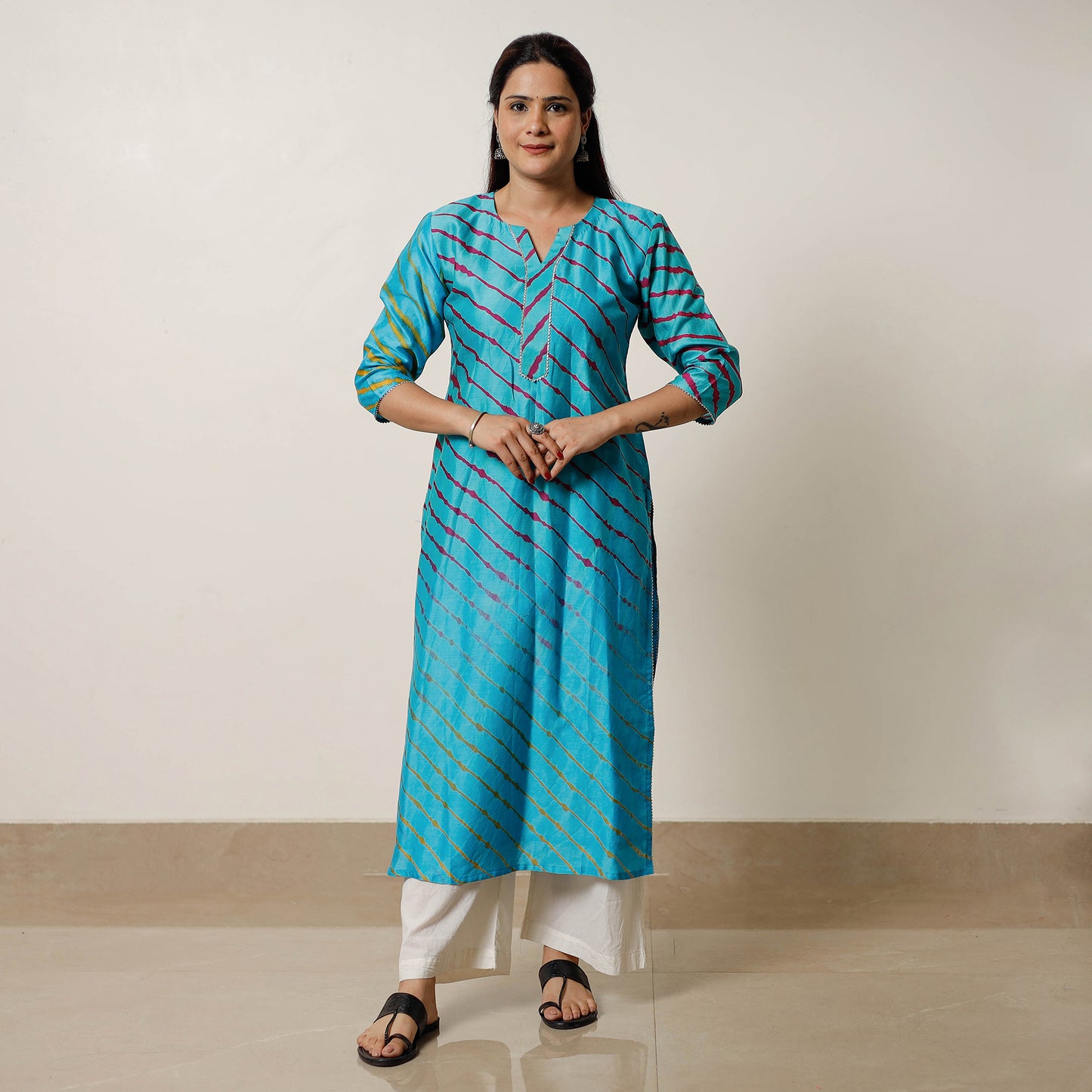 Sky Blue - Leheriya Tie-Dye Chanderi Silk Long Straight Kurta