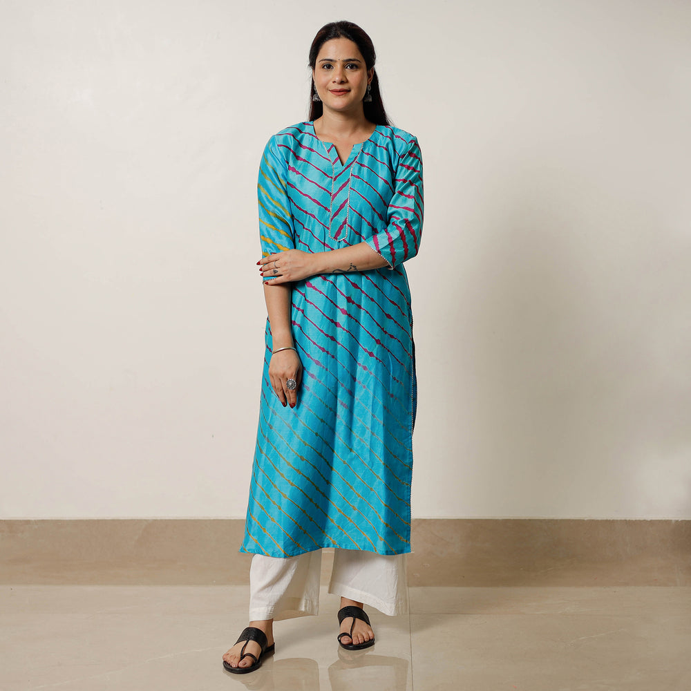 Sky Blue - Leheriya Tie-Dye Chanderi Silk Long Straight Kurta