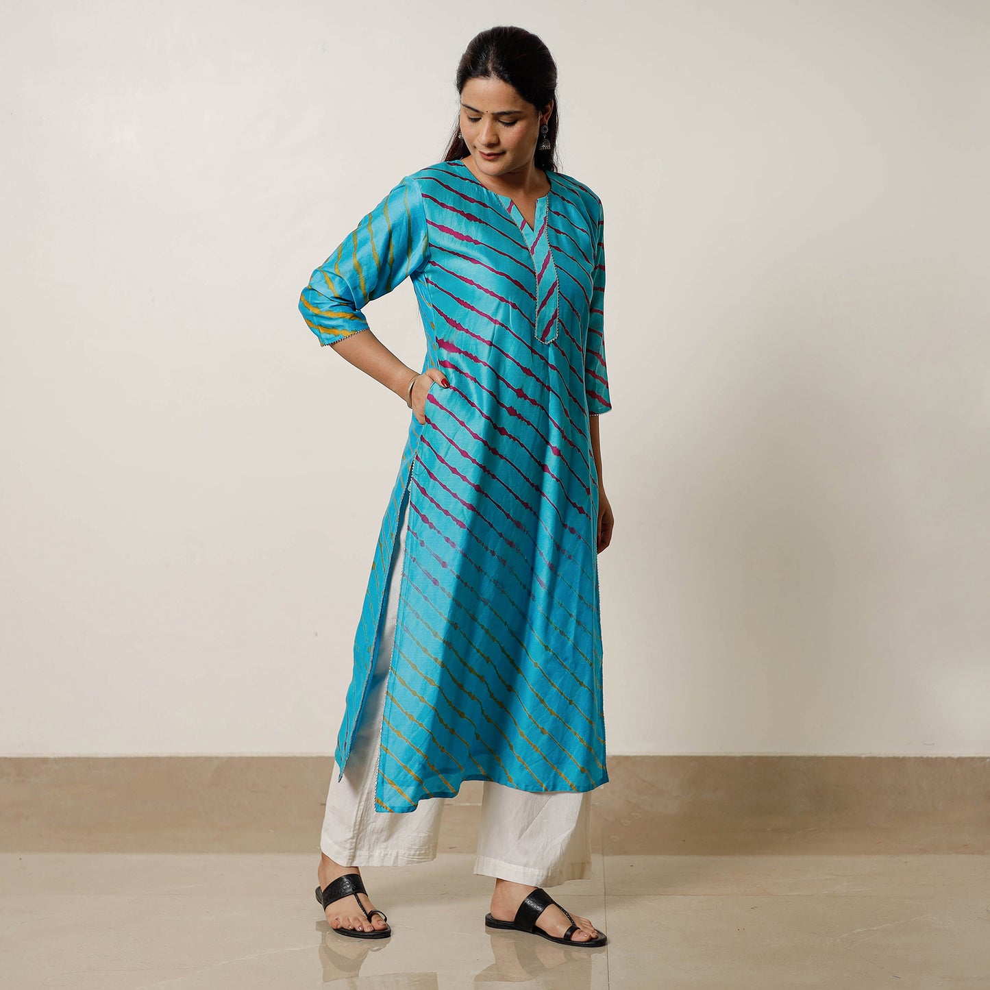 Sky Blue - Leheriya Tie-Dye Chanderi Silk Long Straight Kurta