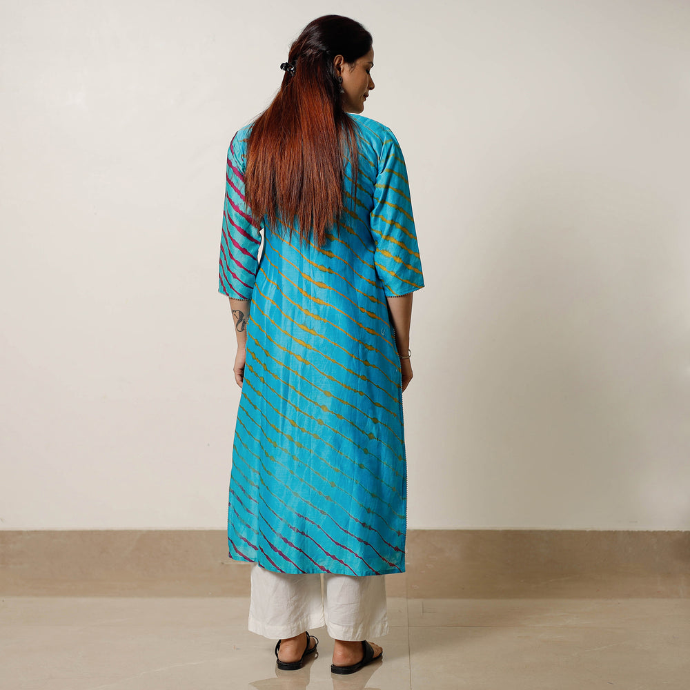 Sky Blue - Leheriya Tie-Dye Chanderi Silk Long Straight Kurta