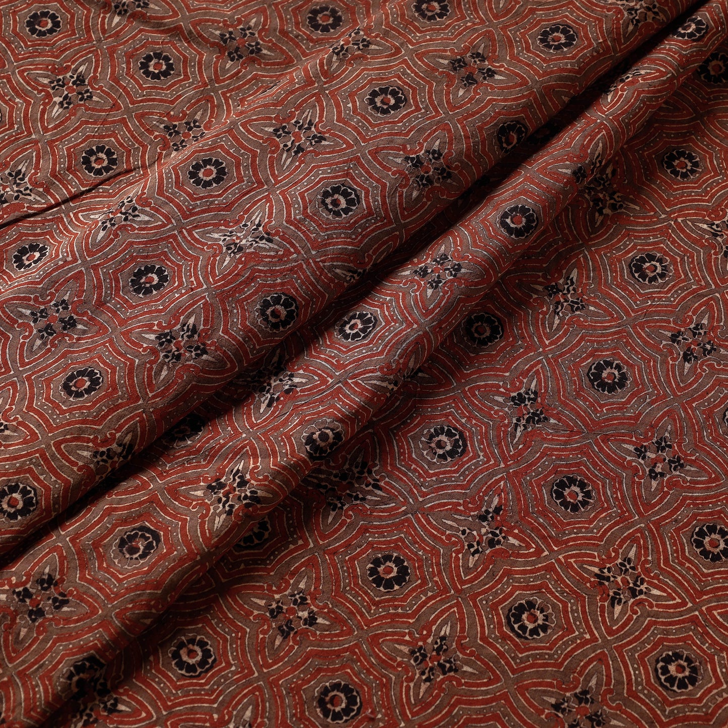 Brown Patterned Boronia Florets Ajrakh Hand Block Printed Cotton Fabric