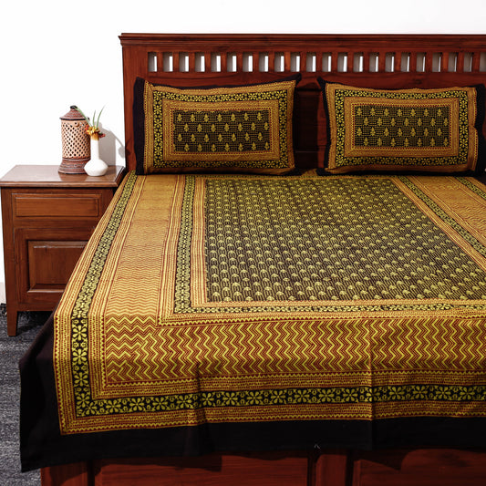 Yellow - Bagh Block Printed Cotton Single Bed Cover with Pillow Covers (94 x 64 in)