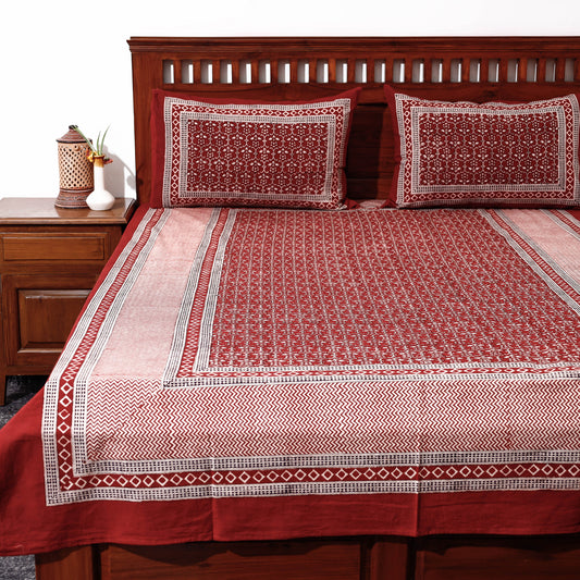 Red - Bagh Block Printed Cotton Single Bed Cover with Pillow Covers (94 x 64 in)