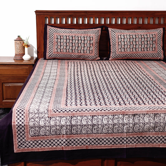 Black - Bagh Block Printed Cotton Single Bed Cover with Pillow Covers (94 x 64 in)