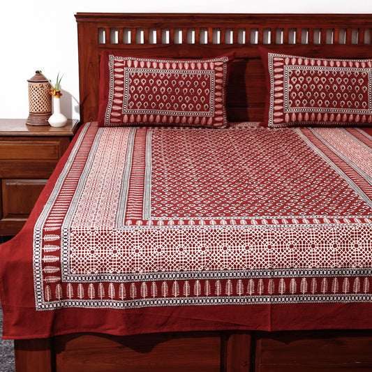 Red - Bagh Block Printed Cotton Single Bed Cover with Pillow Covers (94 x 64 in)