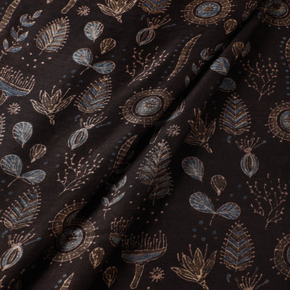 Black - Botanical Black Ajrakh Block Printed Handloom Chanderi Silk Fabric