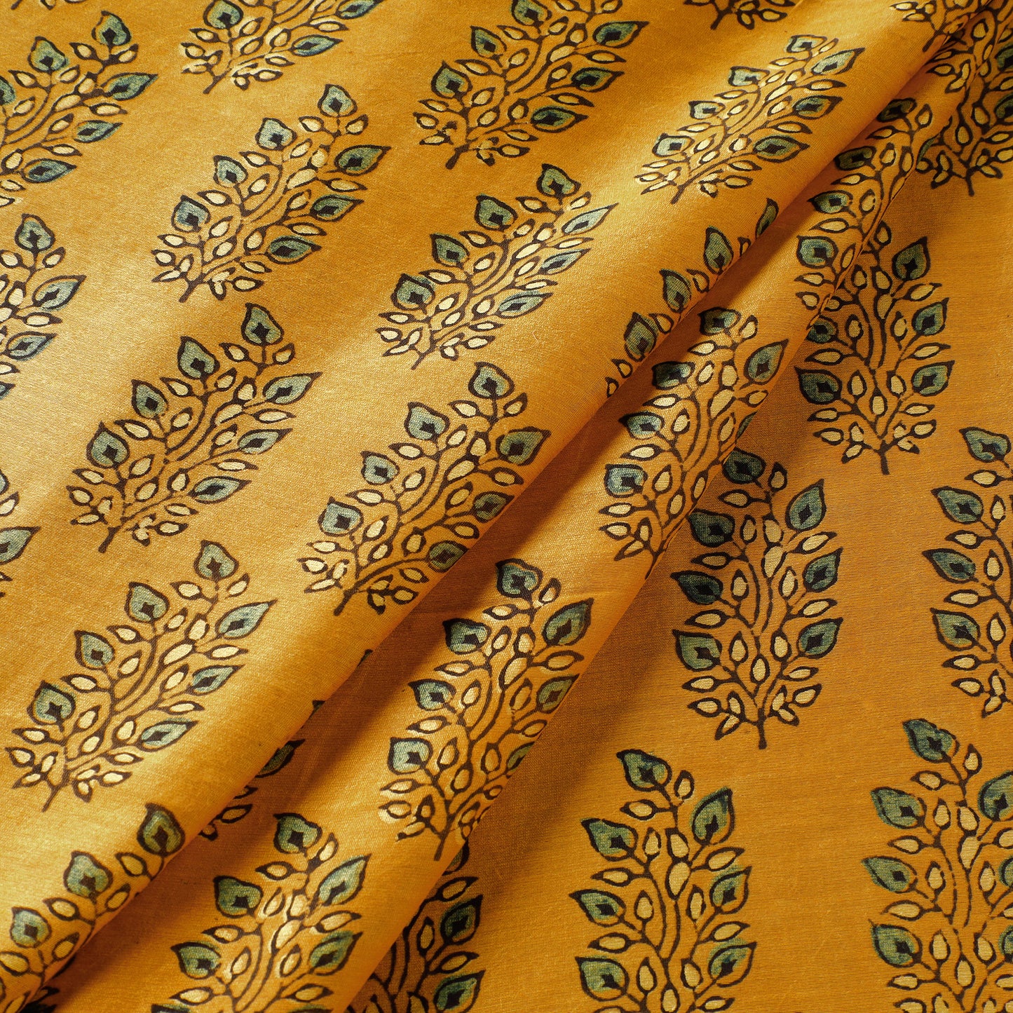 Yellow - Ajrakh Block Printed Handloom Chanderi Silk Fabric