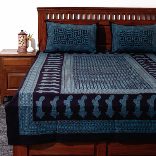 Blue - Bagh Block Printed Cotton Single Bed Cover with Pillow Covers (94 x 64 in)