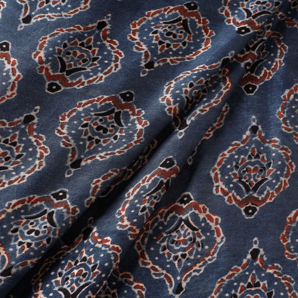 Blue - Ajrakh Block Printed Handloom Chanderi Silk Fabric