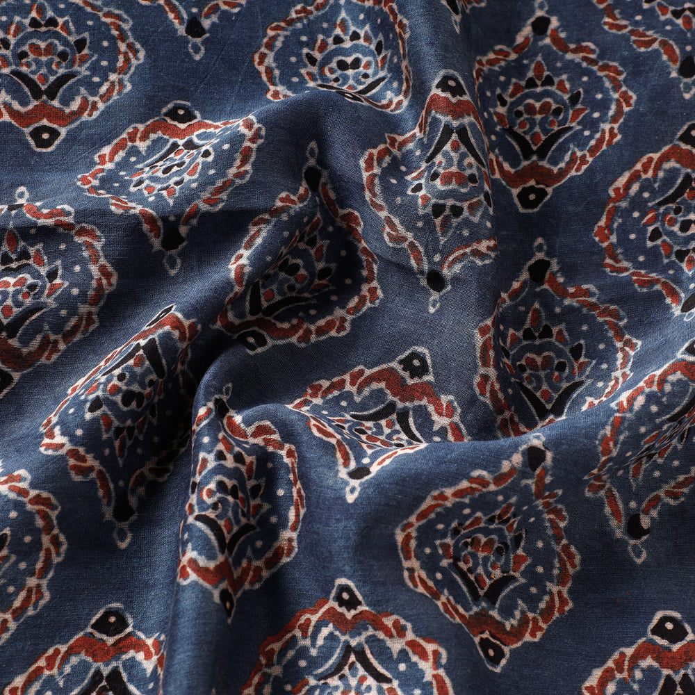 Blue - Ajrakh Block Printed Handloom Chanderi Silk Fabric