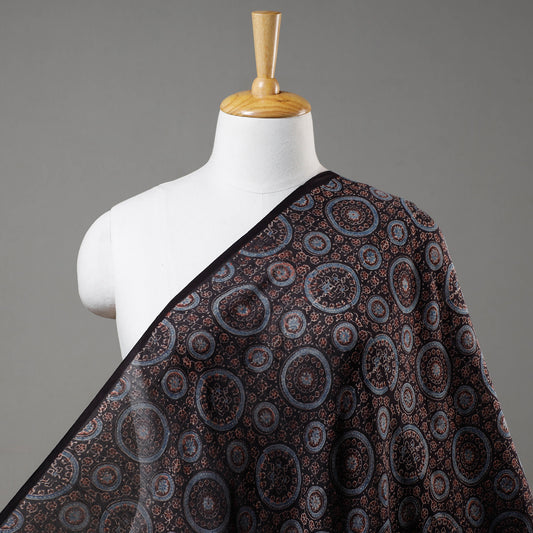 Black - Circular Patterns Floral Ajrakh Block Printed Handloom Chanderi Silk Fabric