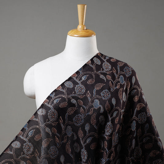 Black - Florals & Paisleys Ajrakh Block Printed Handloom Chanderi Silk Fabric