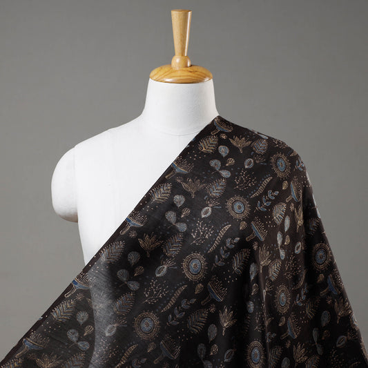 Black - Botanical Black Ajrakh Block Printed Handloom Chanderi Silk Fabric