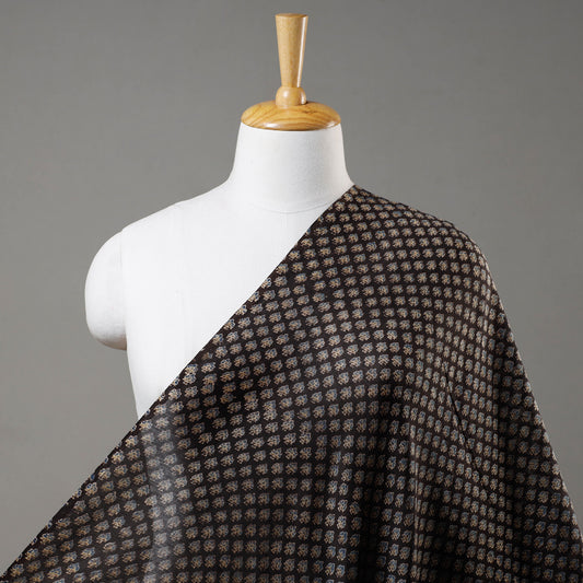 Black With Little Motifs Ajrakh Block Printed Handloom Chanderi Silk Fabric