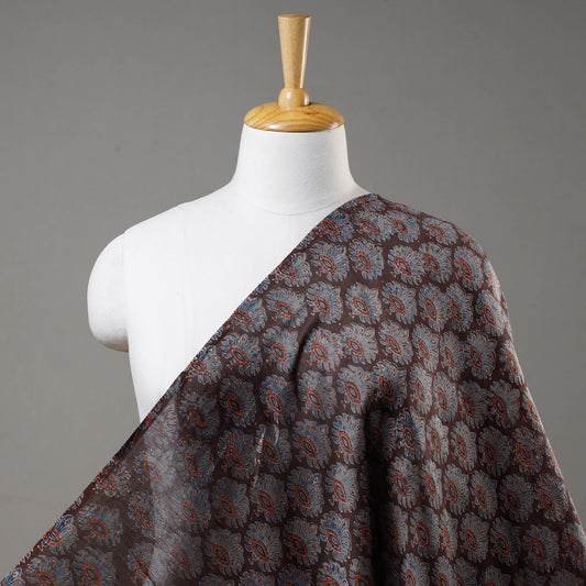 Brown Aspen Leaf Design Ajrakh Block Printed Handloom Chanderi Silk Fabric