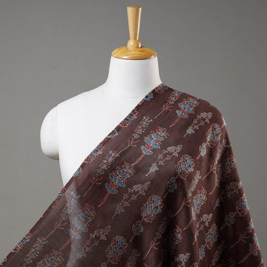 Brown - Wisteria Floral Butta Ajrakh Block Printed Handloom Chanderi Silk Fabric