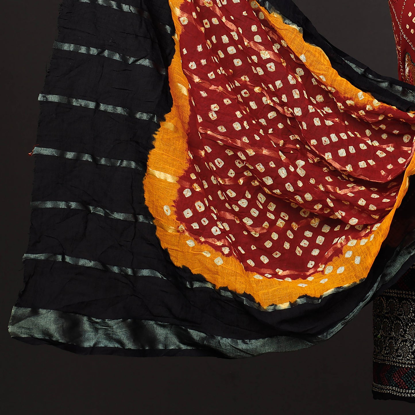 Red - 3pc Kutch Bandhani Tie-Dye Satin Cotton Zari Work Suit Material Set