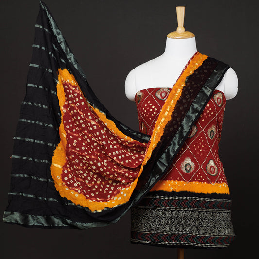 Red - 3pc Kutch Bandhani Tie-Dye Satin Cotton Zari Work Suit Material Set
