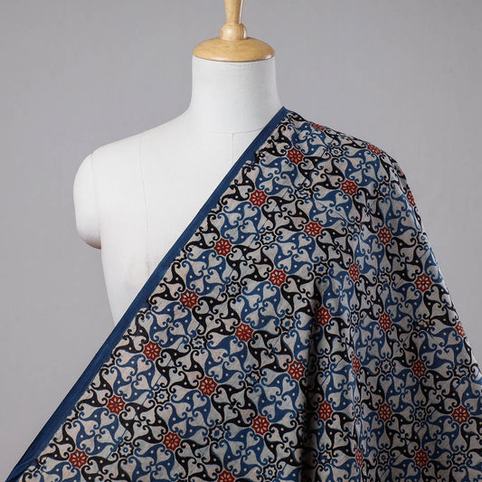 Blue - Beautiful Floral Geometric Pattern Ajrakh Block Printed Cotton Fabric