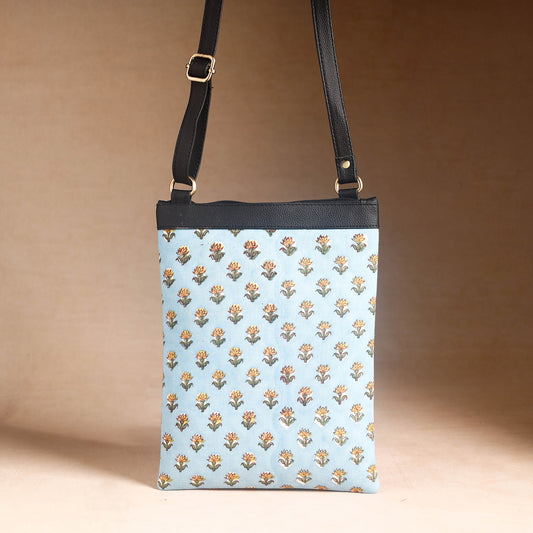 Blue - Handcrafted Sanganeri Printed Leather Sling Bag