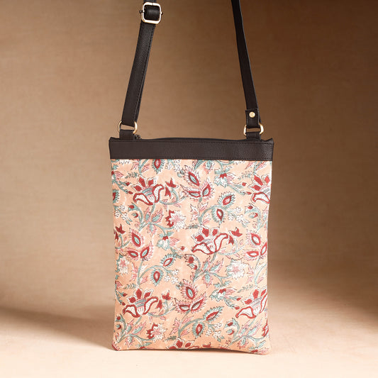 Peach - Handcrafted Sanganeri Printed Leather Sling Bag
