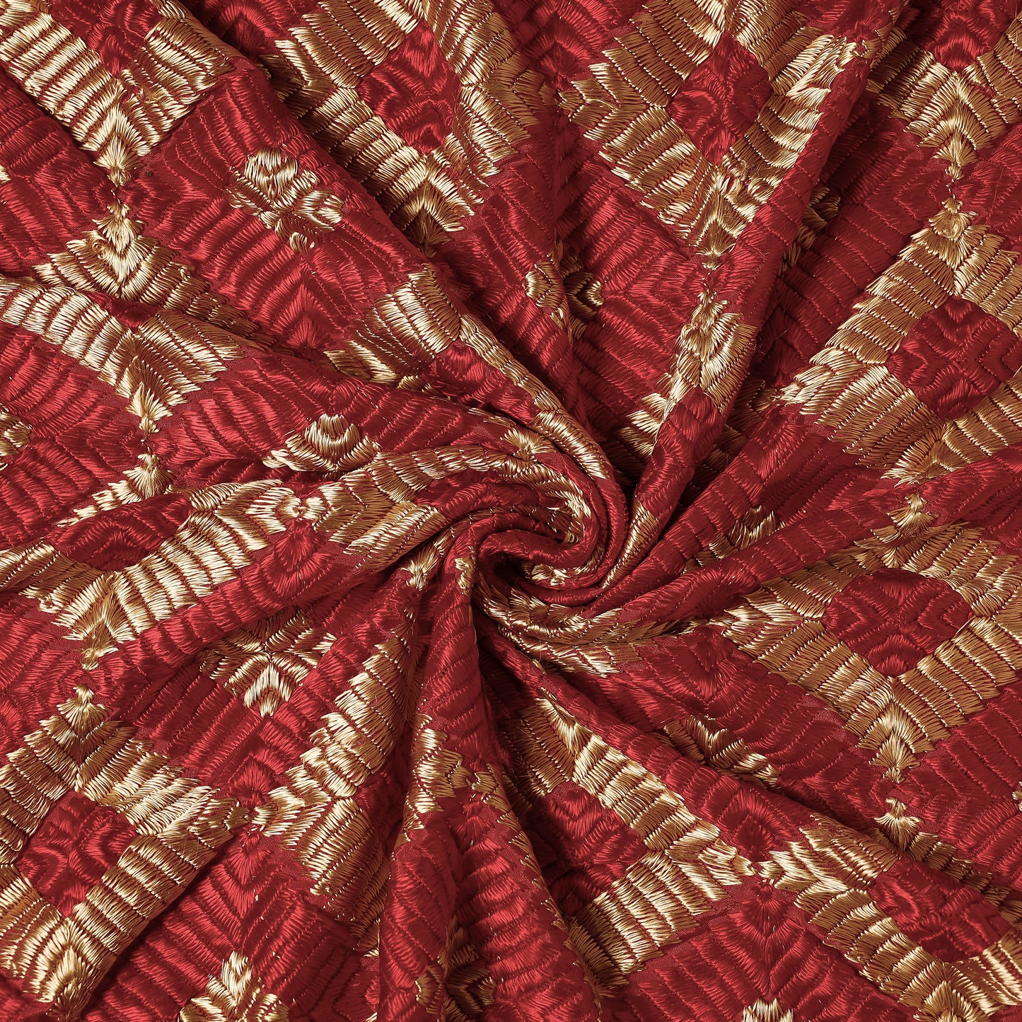 Red - Traditional Phulkari Embroidered Chinnon Fabric