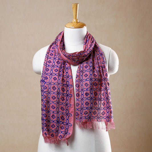 Pink - Bengal Kantha Embroidery Block Printed Silk Handloom Stole