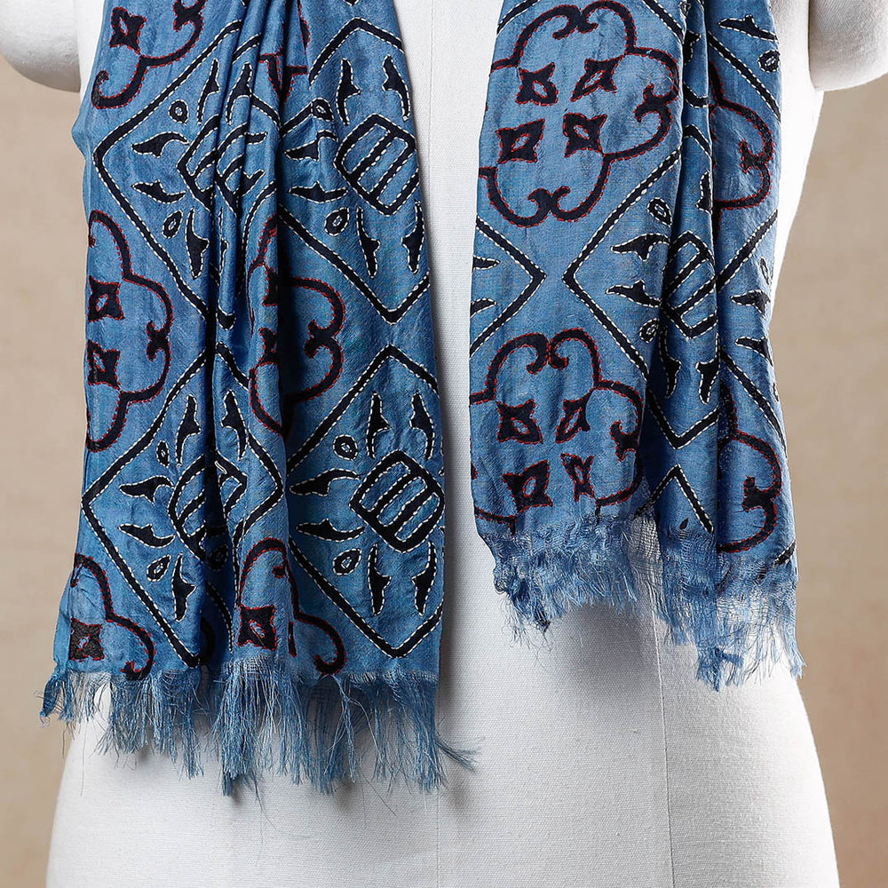 Blue - Bengal Kantha Embroidery Block Printed Silk Handloom Stole