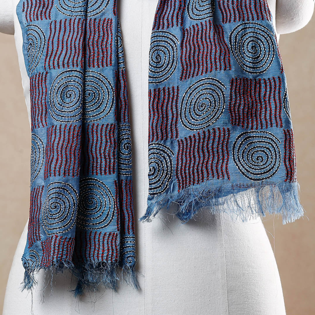 Blue - Bengal Kantha Embroidery Block Printed Silk Handloom Stole