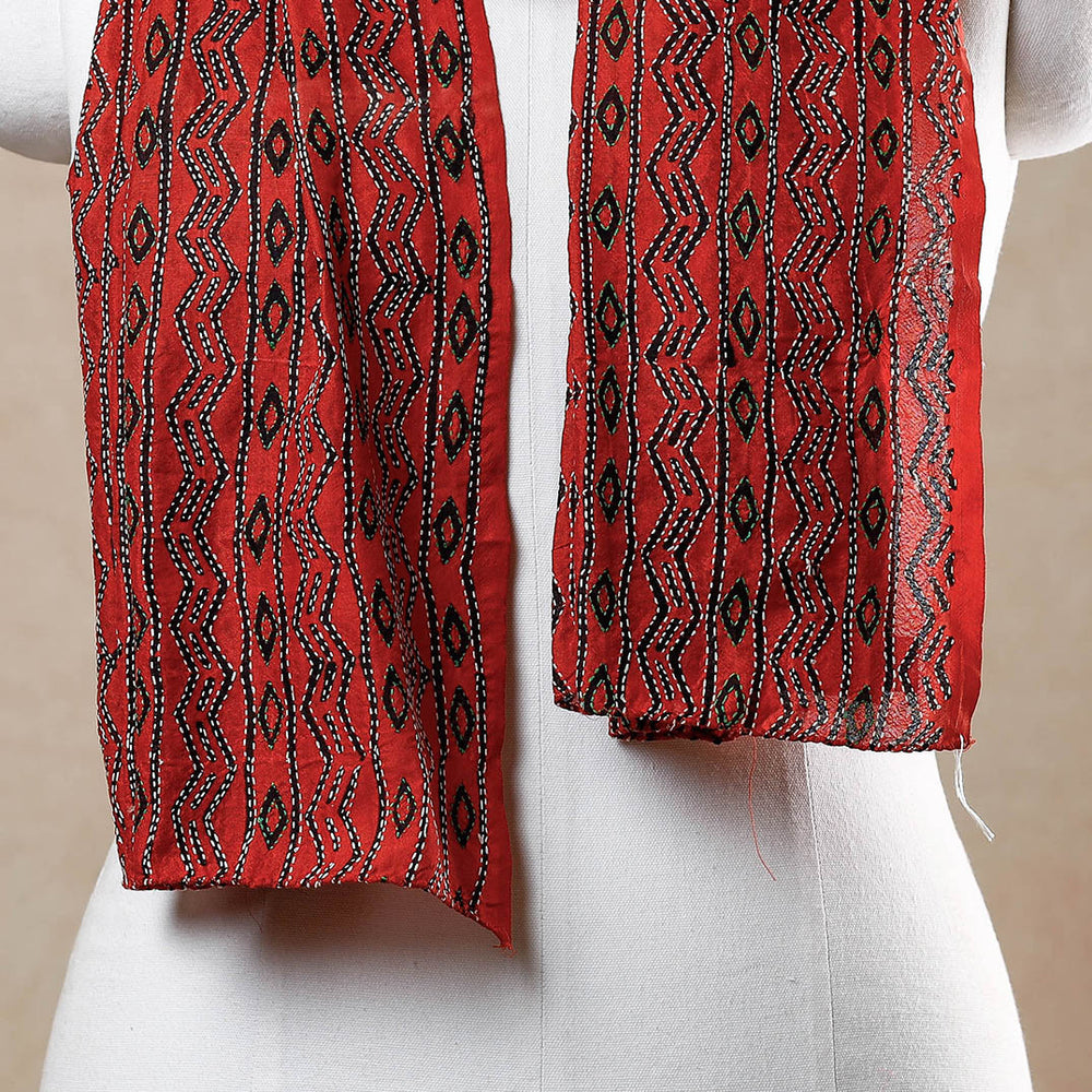 Red - Bengal Kantha Embroidery Block Printed Silk Handloom Stole