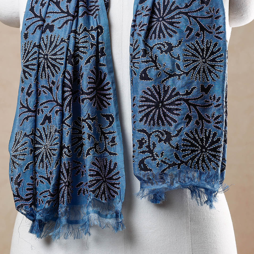 Blue - Bengal Kantha Embroidery Block Printed Silk Handloom Stole