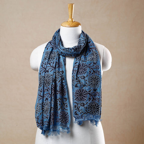 Blue - Bengal Kantha Embroidery Block Printed Silk Handloom Stole