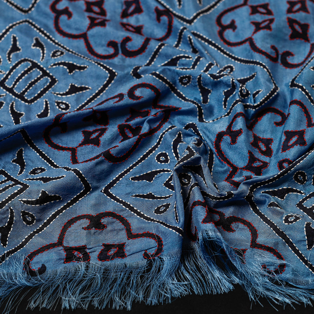 Blue - Bengal Kantha Embroidery Block Printed Silk Handloom Stole