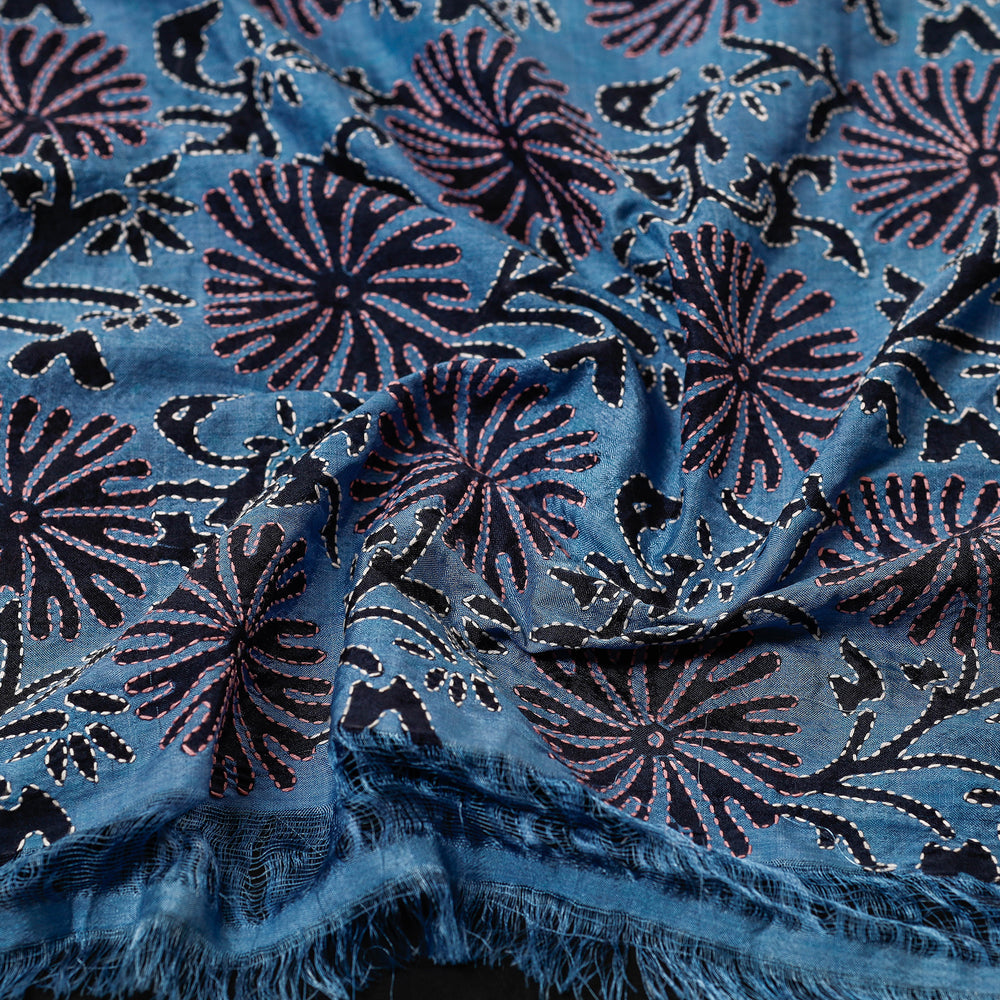 Blue - Bengal Kantha Embroidery Block Printed Silk Handloom Stole