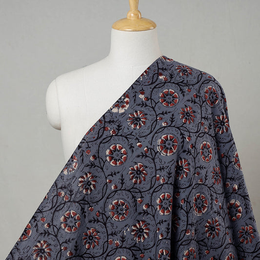 Grey with Tropical Flowers Bagru Dabu Block Printed Cotton Fabric