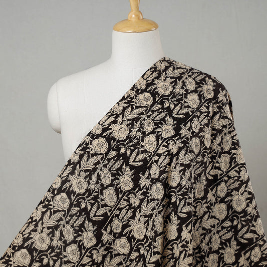 Black with Flax Flower Buti Bagru Block Printed Cotton Fabric