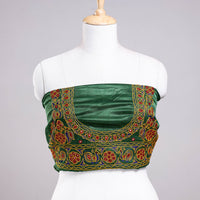 Green - Ahir Hand Embroidery Kutch Mirror Work Mashru Silk Blouse Piece