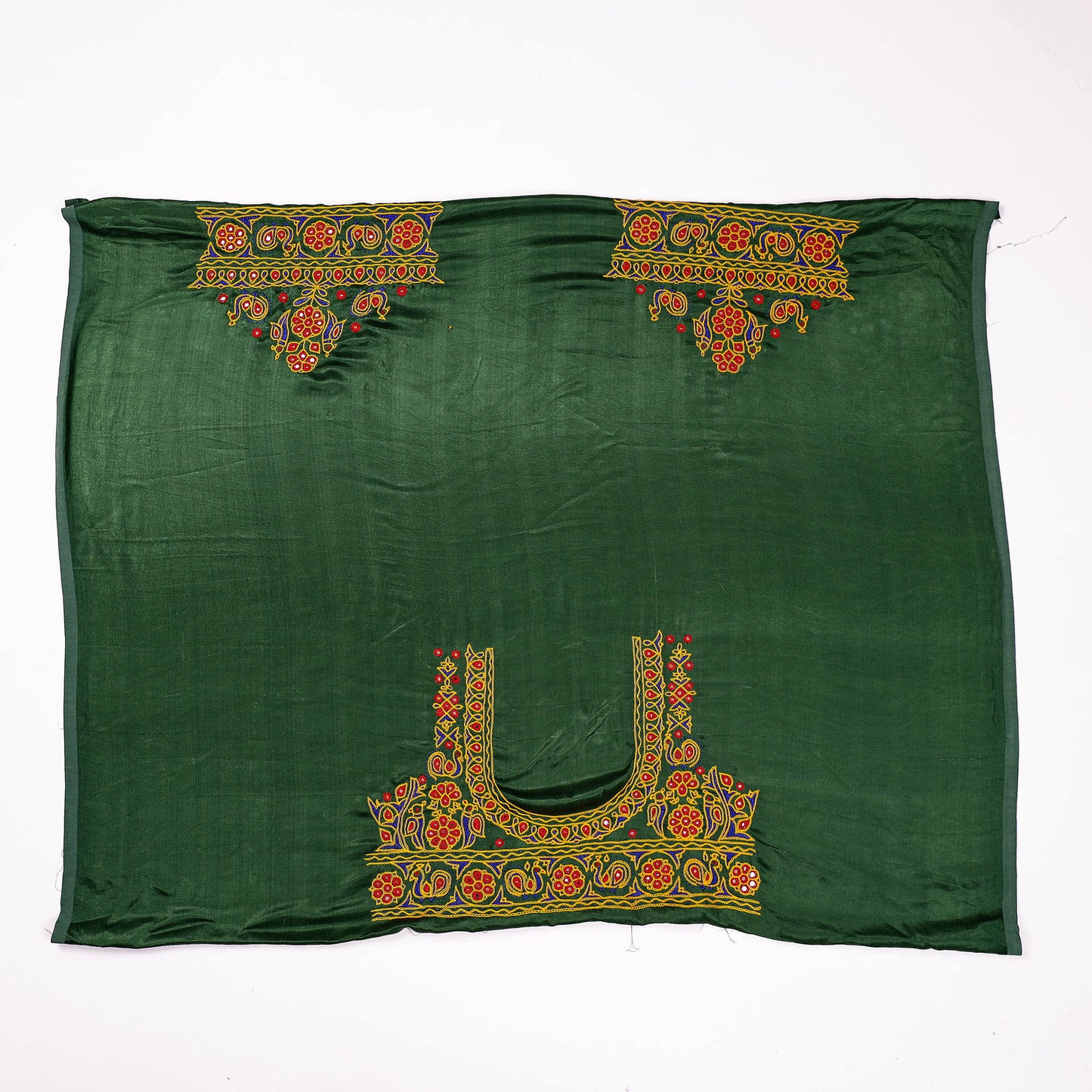 Green - Ahir Hand Embroidery Kutch Mirror Work Mashru Silk Blouse Piece