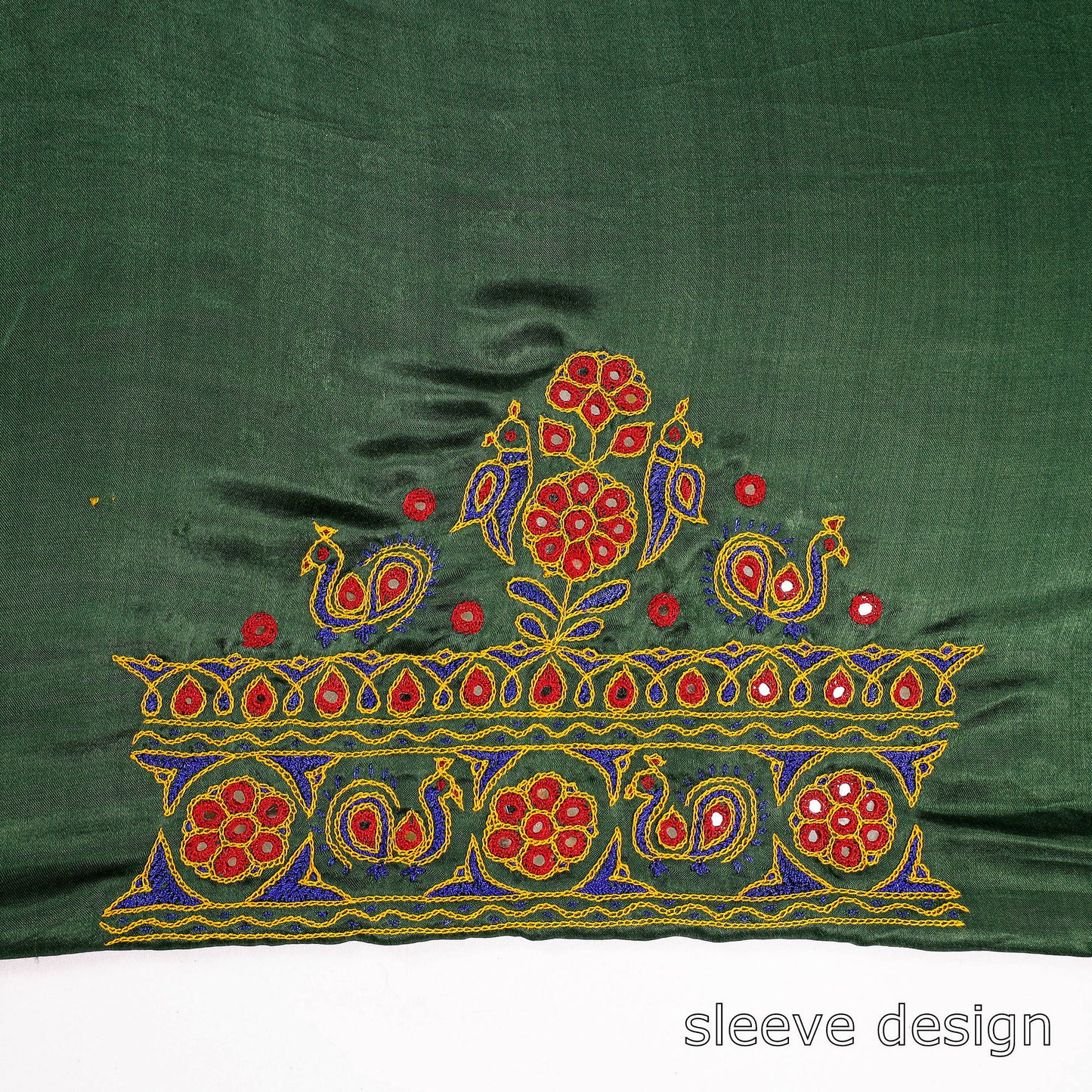 Green - Ahir Hand Embroidery Kutch Mirror Work Mashru Silk Blouse Piece