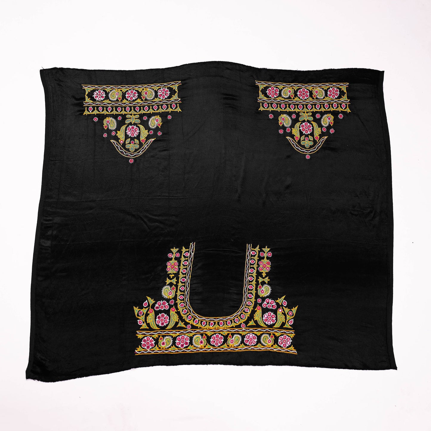 Black - Ahir Hand Embroidery Kutch Mirror Work Mashru Silk Blouse Piece