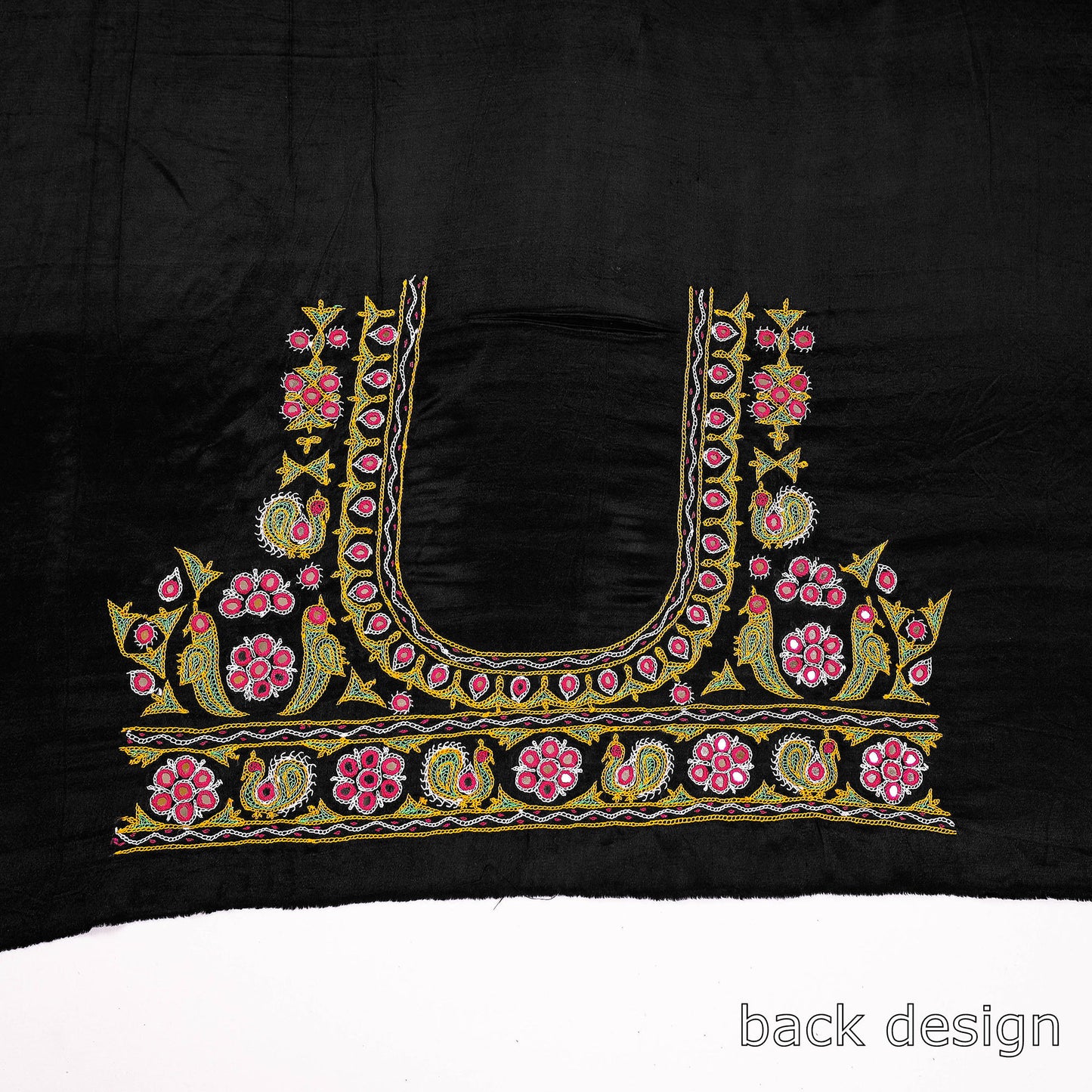 Black - Ahir Hand Embroidery Kutch Mirror Work Mashru Silk Blouse Piece