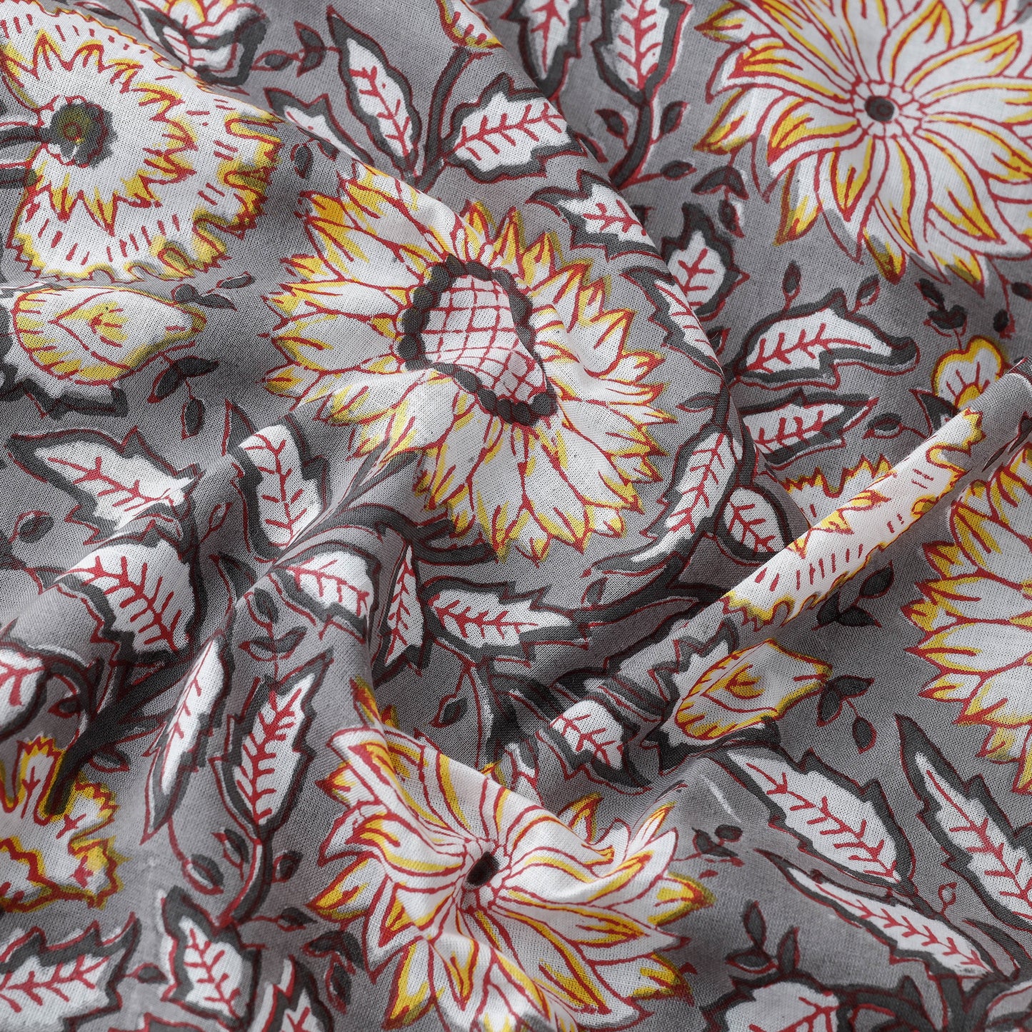 Grey - Sunflower Pattern Sanganeri Block Printed Cotton Fabric