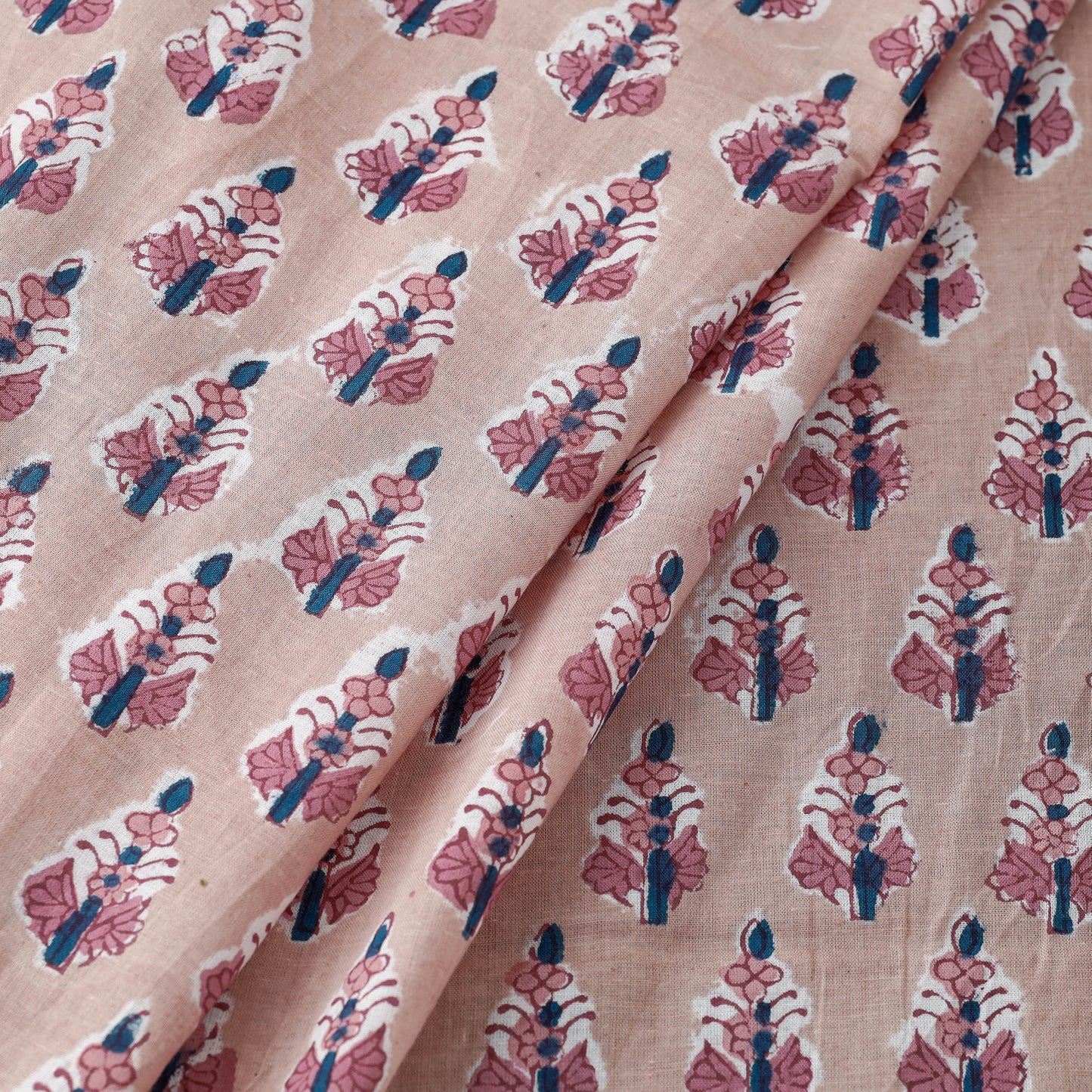 Brown With Red Florets Sanganeri Block Printed Cotton Fabric
