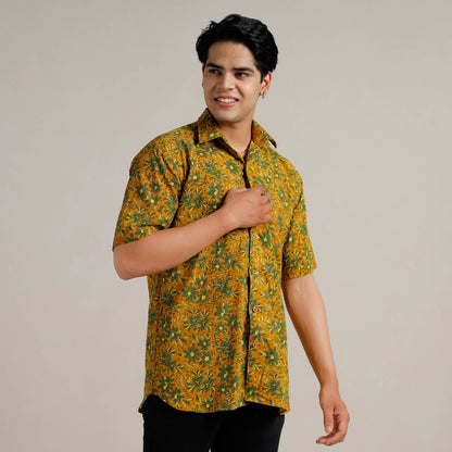 Yellow - Ajrakh Block Printed Cotton Men Half Sleeve Shirt 07