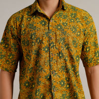 Yellow - Ajrakh Block Printed Cotton Men Half Sleeve Shirt 07