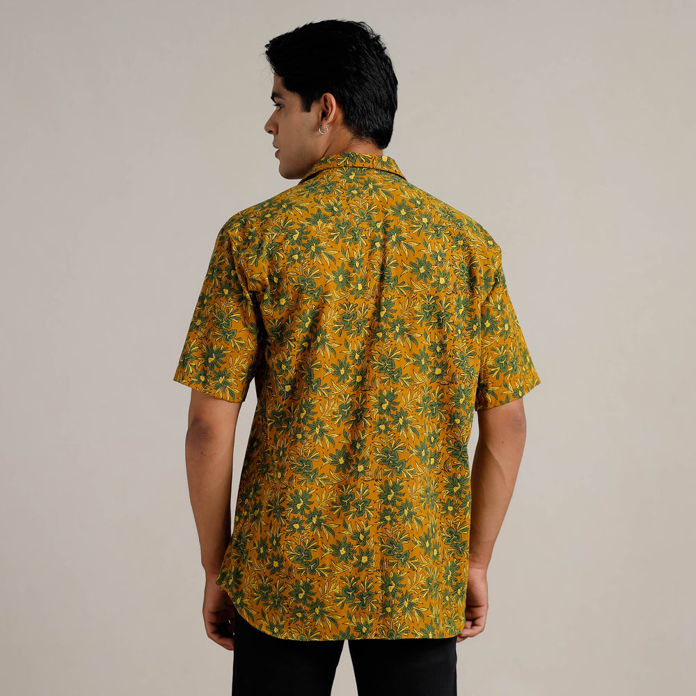 Yellow - Ajrakh Block Printed Cotton Men Half Sleeve Shirt 07