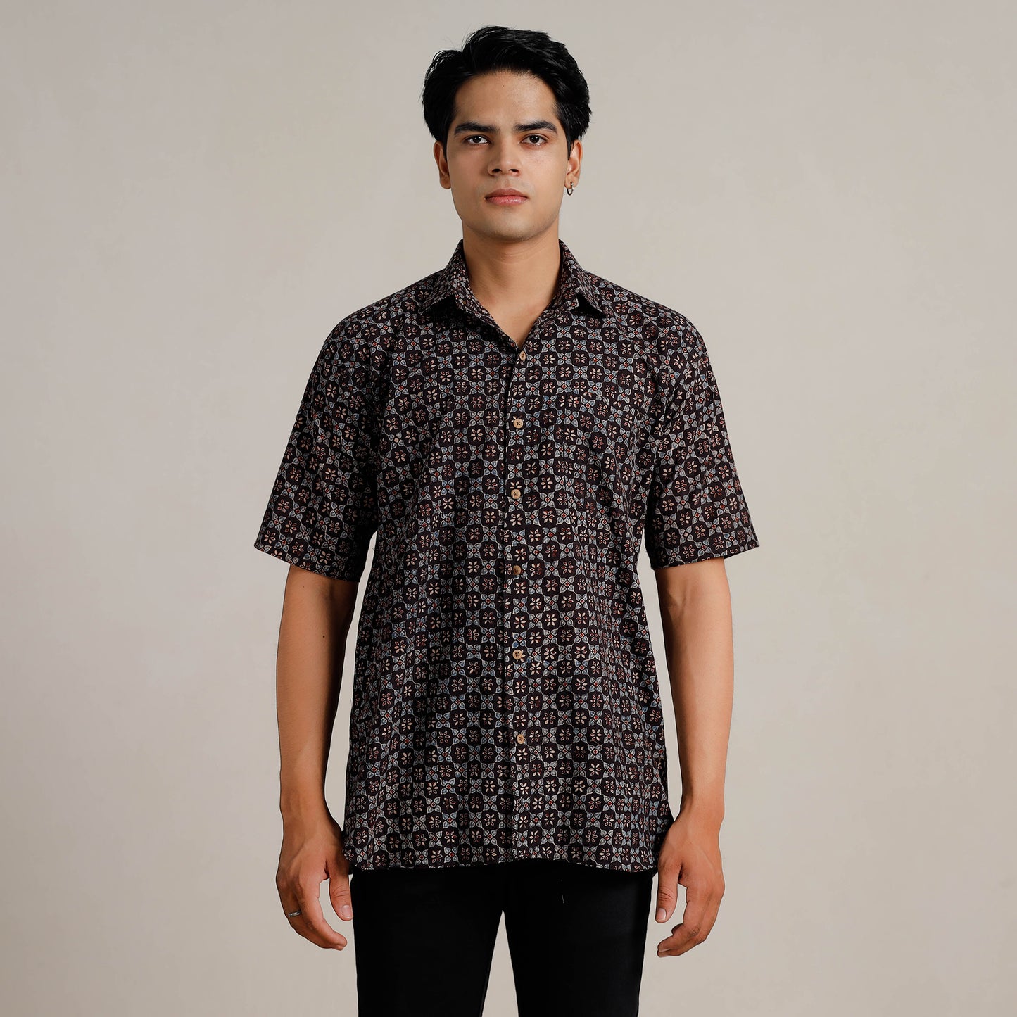 Black - Ajrakh Block Printed Cotton Men Half Sleeve Shirt 08