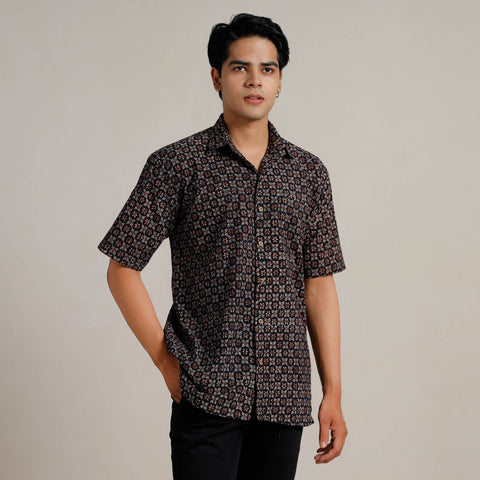 Black - Ajrakh Block Printed Cotton Men Half Sleeve Shirt 08